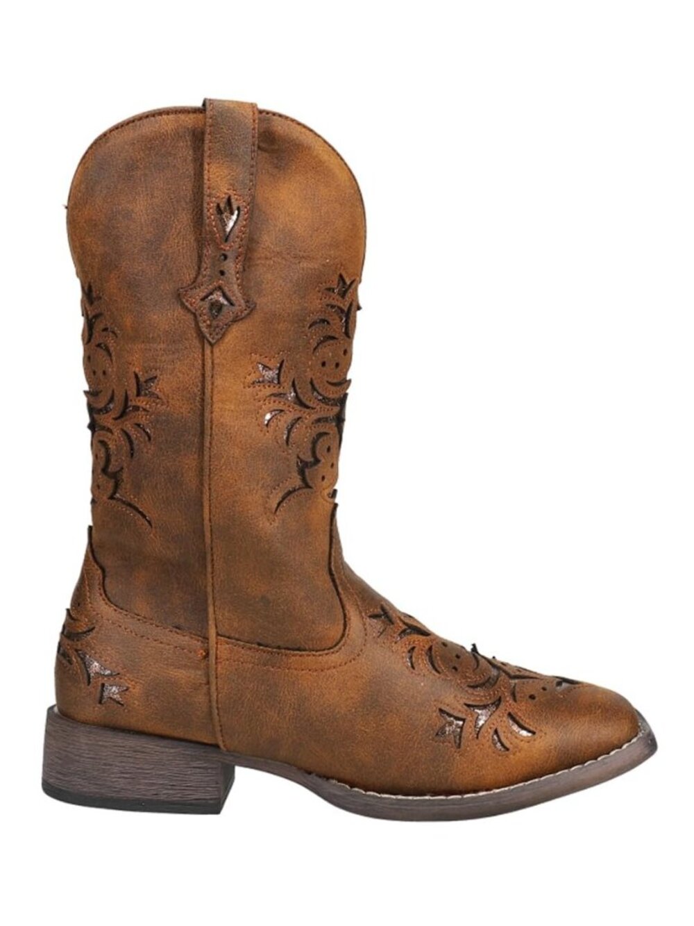 Womens Kennedy Glitter Tooled Inlay Square Toe Pull On Casual Boots Mid Calf Low